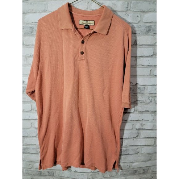 Men Vintage Tommy Bahama‎ Medium 70% Silk Short Sleeve Polo Coral Salmon - Picture 1 of 11